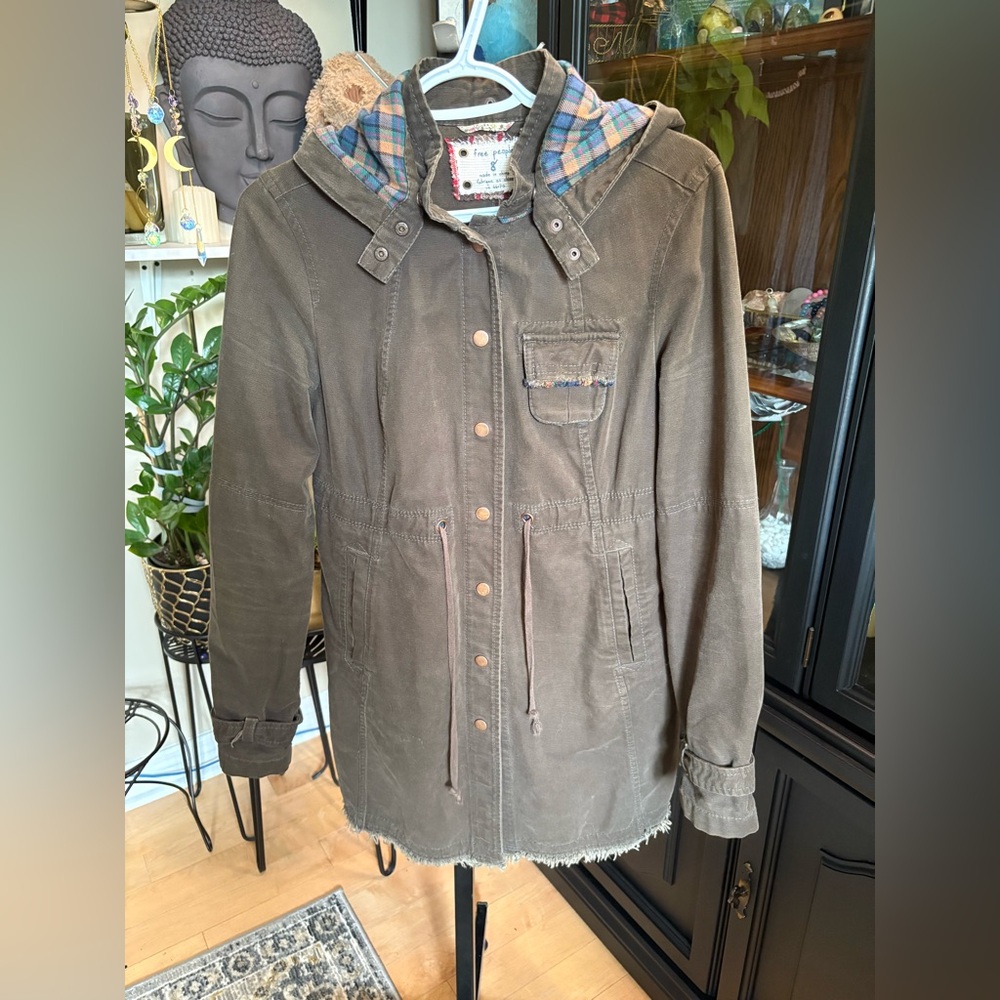 Free People Canvas Olive Green Utility Hooded Jacket, Size 8, Raw Hem